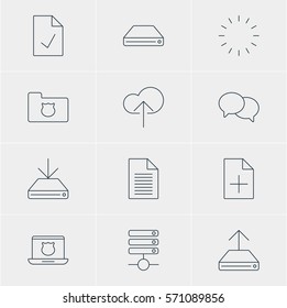 Vector Illustration Of 12 Network Icons. Editable Pack Of Waiting, Secure Laptop, Document Adding And Other Elements.