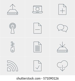 Vector Illustration Of 12 Network Icons. Editable Pack Of Note, Information Load, Secure Laptop And Other Elements.