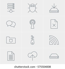Vector Illustration Of 12 Network Icons. Editable Pack Of Wireless Network, Computer Virus, Server And Other Elements.