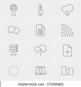 Vector Illustration Of 12 Network Icons. Editable Pack Of Fastener, Router, Document Adding And Other Elements.