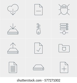 Vector Illustration Of 12 Network Icons. Editable Pack Of Privacy Doc, Hard Drive Disk, Removing File And Other Elements.