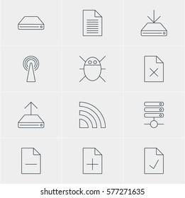 Vector Illustration Of 12 Network Icons. Editable Pack Of Information Load, Wireless Network, Hdd Sync And Other Elements.