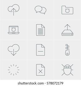 Vector Illustration Of 12 Network Icons. Editable Pack Of Fastener, Privacy Doc, Data Upload And Other Elements.