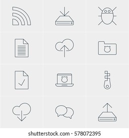 Vector Illustration Of 12 Network Icons. Editable Pack Of Note, Data Upload, Talking And Other Elements.