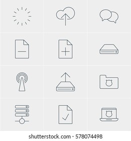 Vector Illustration Of 12 Network Icons. Editable Pack Of Secure Laptop, Hard Drive Disk, Server And Other Elements.