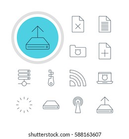 Vector Illustration Of 12 Network Icons. Editable Pack Of Server, Wireless Network, Document Adding And Other Elements.