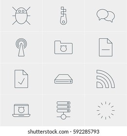 Vector Illustration Of 12 Network Icons. Editable Pack Of Privacy Doc, Hard Drive Disk, Computer Virus And Other Elements.