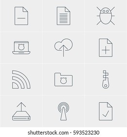 Vector Illustration Of 12 Network Icons. Editable Pack Of Checked Note, Document Adding, Note And Other Elements.
