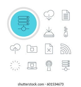 Vector Illustration Of 12 Network Icons. Editable Pack Of Data Upload, Wireless Network, Secure Laptop And Other Elements.