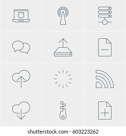 Vector Illustration Of 12 Network Icons. Editable Pack Of Document Adding, Secure Laptop, Fastener And Other Elements.