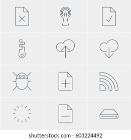 Vector Illustration Of 12 Network Icons. Editable Pack Of Cloud Download, Delete Data, Hard Drive Disk And Other Elements.