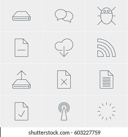 Vector Illustration Of 12 Network Icons. Editable Pack Of Removing File, Checked Note, Talking And Other Elements.
