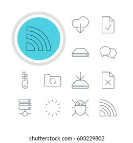 Vector Illustration Of 12 Network Icons. Editable Pack Of Checked Note, Computer Virus, Privacy Doc And Other Elements.