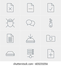 Vector Illustration Of 12 Network Icons. Editable Pack Of Hard Drive Disk, Checked Note, Document Adding And Other Elements.