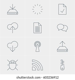 Vector Illustration Of 12 Network Icons. Editable Pack Of Wireless Network, Note, Cloud Download And Other Elements.