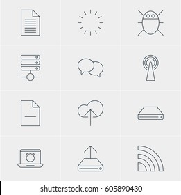 Vector Illustration Of 12 Network Icons. Editable Pack Of Wireless Network, Secure Laptop, Server And Other Elements.
