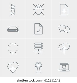 Vector Illustration Of 12 Network Icons. Editable Pack Of Computer Virus, Hard Drive Disk, Router And Other Elements.