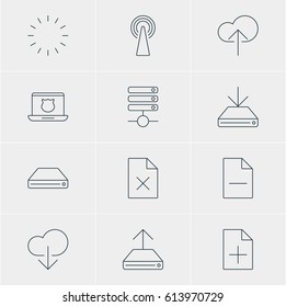 Vector Illustration Of 12 Network Icons. Editable Pack Of Removing File, Data Upload, Delete Data And Other Elements.