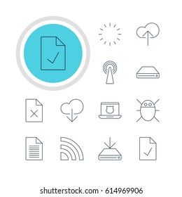 Vector Illustration Of 12 Network Icons. Editable Pack Of Checked Note, Wireless Network, Hard Drive Disk And Other Elements.