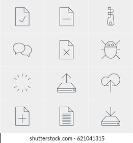 Vector Illustration Of 12 Network Icons. Editable Pack Of Cloud Download, Document Adding, Note And Other Elements.