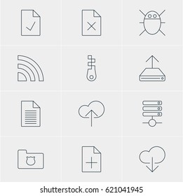 Vector Illustration Of 12 Network Icons. Editable Pack Of Computer Virus, Data Upload, Note And Other Elements.