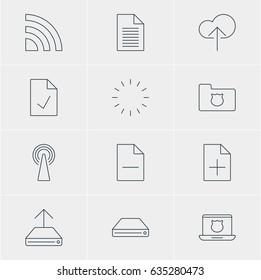 Vector Illustration Of 12 Network Icons. Editable Pack Of Privacy Doc, Note, Hard Drive Disk And Other Elements.