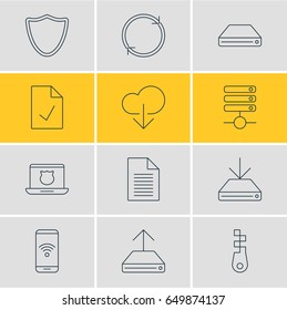 Vector Illustration Of 12 Network Icons. Editable Pack Of Telephone, Server, Information Load And Other Elements.
