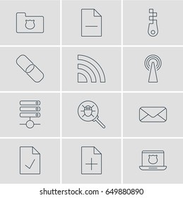 Vector Illustration Of 12 Network Icons. Editable Pack Of Removing File, Letter, Router And Other Elements.