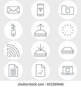 Vector Illustration Of 12 Network Icons. Editable Pack Of Note, Telephone, Secure Laptop And Other Elements.