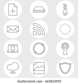 Vector Illustration Of 12 Network Icons. Editable Pack Of Document Adding, Hard Drive Disk, Router And Other Elements.