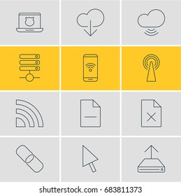 Vector Illustration Of 12 Network Icons. Editable Pack Of Delete Data, Telephone, Data Upload And Other Elements.