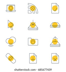 Vector Illustration Of 12 Network Icons. Editable Pack Of Checked Note, Wireless Network, Hdd Sync And Other Elements.