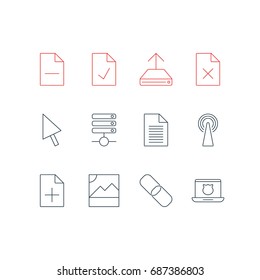 Vector Illustration Of 12 Network Icons. Editable Pack Of Server, Removing File, Checked Note And Other Elements.