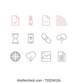 Vector Illustration Of 12 Network Icons. Editable Pack Of Sandglass, Photo, Cloud Download Elements.