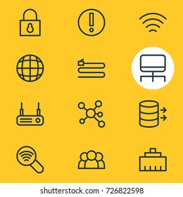 Vector Illustration Of 12 Network Icons. Editable Pack Of Wave, Modem, Wire And Other Elements.