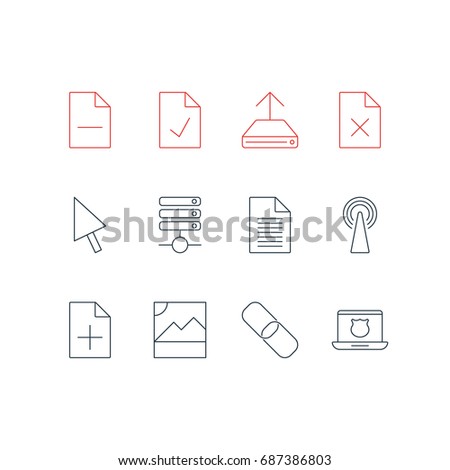 Vector Illustration Of 12 Network Icons. Editable Pack Of Server, Removing File, Checked Note And Other Elements.