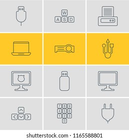 Vector illustration of 12 notebook icons line style. Editable set of universal serial bus, floodlight, usb cable and other icon elements.