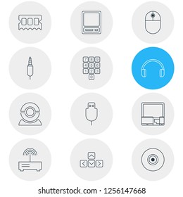 Vector illustration of 12 notebook icons line style. Editable set of modem, devices, usb cable and other icon elements.