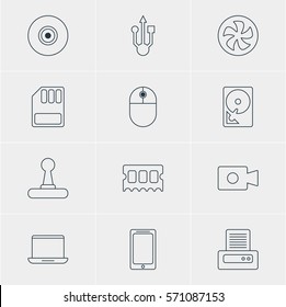 Vector Illustration Of 12 Notebook Icons. Editable Pack Of Smartphone, Printer, Storage And Other Elements.