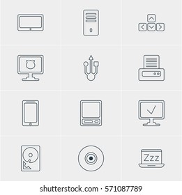 Vector Illustration Of 12 Notebook Icons. Editable Pack Of Antivirus, Objective, Printer And Other Elements.