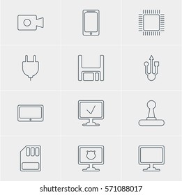 Vector Illustration Of 12 Notebook Icons. Editable Pack Of Microprocessor, Game Controller, Screen And Other Elements.