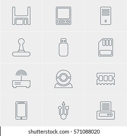 Vector Illustration Of 12 Notebook Icons. Editable Pack Of Web Camera, Mainframe, Router And Other Elements.