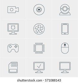 Vector Illustration Of 12 Notebook Icons. Editable Pack Of Online Computer, Cooler, Gamepad And Other Elements.