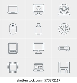 Vector Illustration Of 12 Notebook Icons. Editable Pack Of Pda, Laptop, Microprocessor And Other Elements.