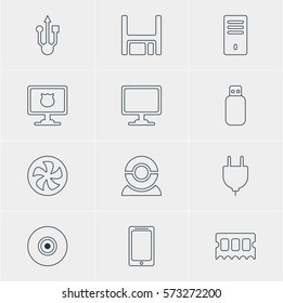 Vector Illustration Of 12 Notebook Icons. Editable Pack Of Diskette, Flash Drive, Web Camera And Other Elements.