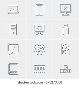 Vector Illustration Of 12 Notebook Icons. Editable Pack Of Access Denied, Mainframe, Flash Drive And Other Elements.