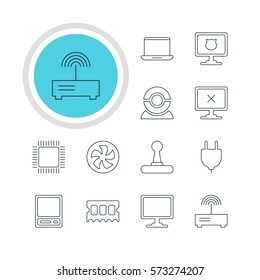 Vector Illustration Of 12 Notebook Icons. Editable Pack Of Game Controller, Socket, Screen And Other Elements.