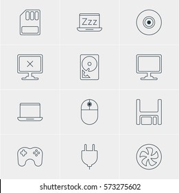 Vector Illustration Of 12 Notebook Icons. Editable Pack Of Diskette, Screen, Cooler And Other Elements.