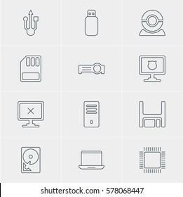 Vector Illustration Of 12 Notebook Icons. Editable Pack Of Antivirus, Microprocessor, Notebook And Other Elements.