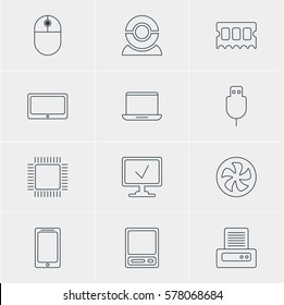 Vector Illustration Of 12 Notebook Icons. Editable Pack Of Cursor Manipulator, Printer, Online Computer And Other Elements.
